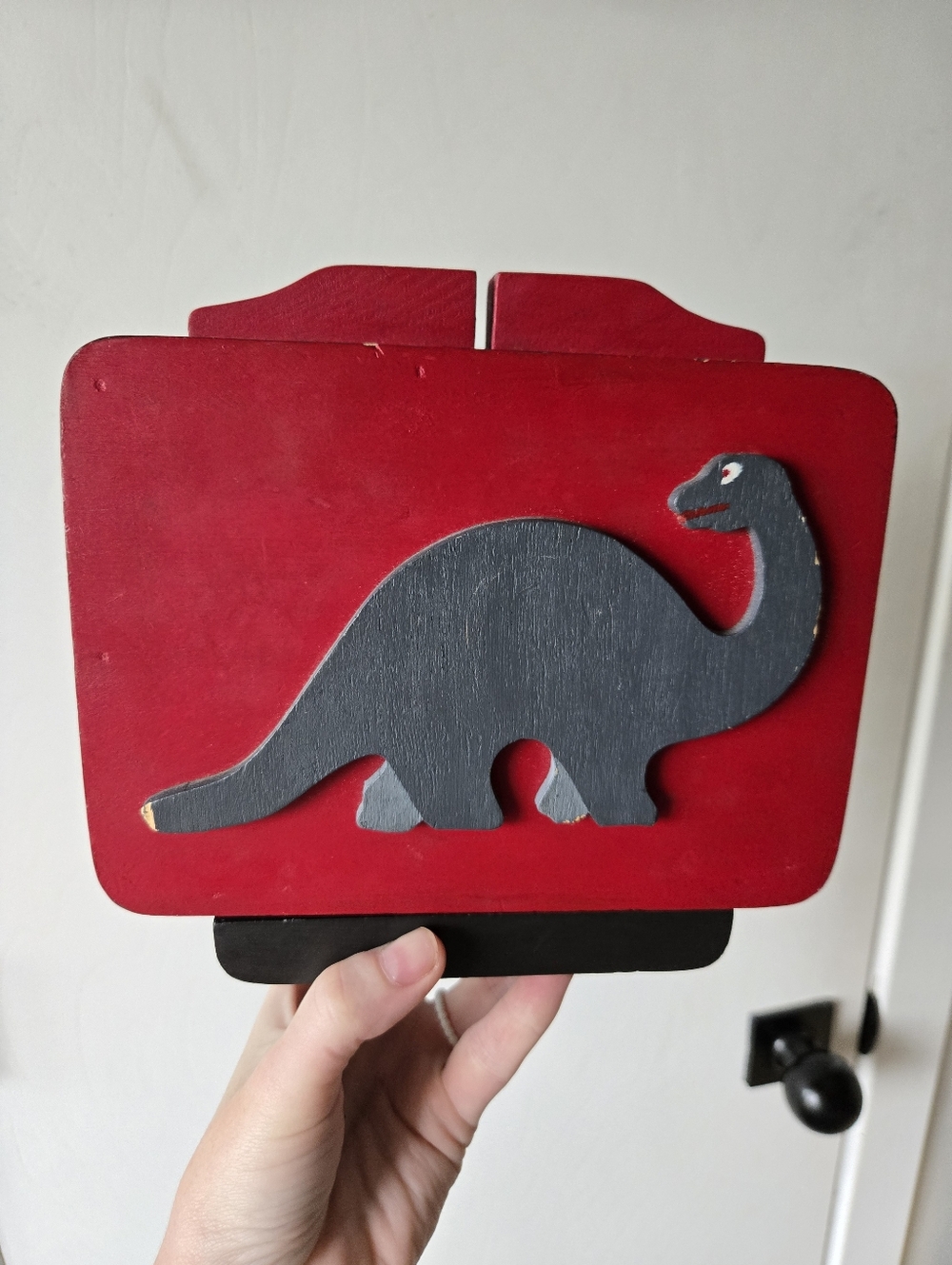 Vintage Dino Wooden Coin Bank Handmade 1989 Colorblock 90s